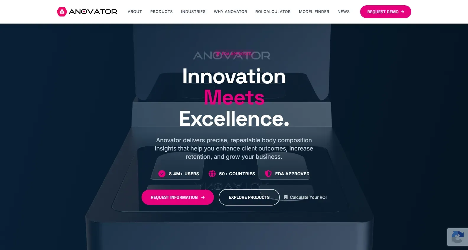 The Anovator homepage: a dark hero reading "Innovation Meets Excellence" with request-demo and ROI calculator calls to action.