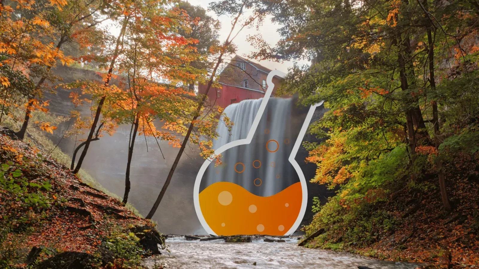 DeCew Falls and Morningstar Mill in autumn, with the Web Lab Niagara beaker mark overlaid.