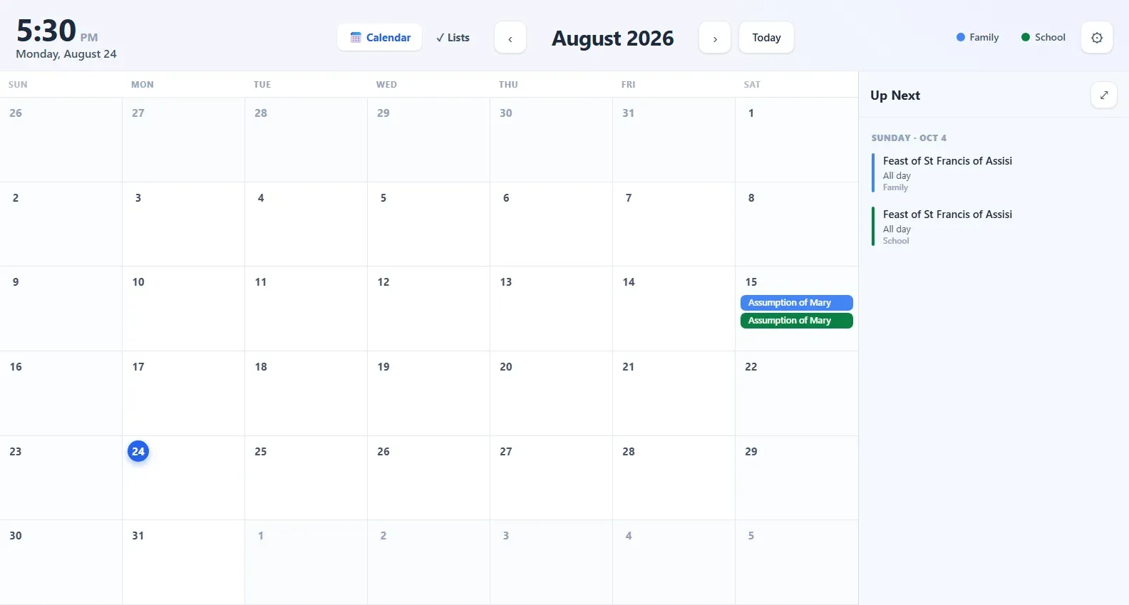 The HomePal wall display: a large clock and date, a month calendar grid with two colour-coded calendars, and an Up Next agenda panel down the right-hand side.