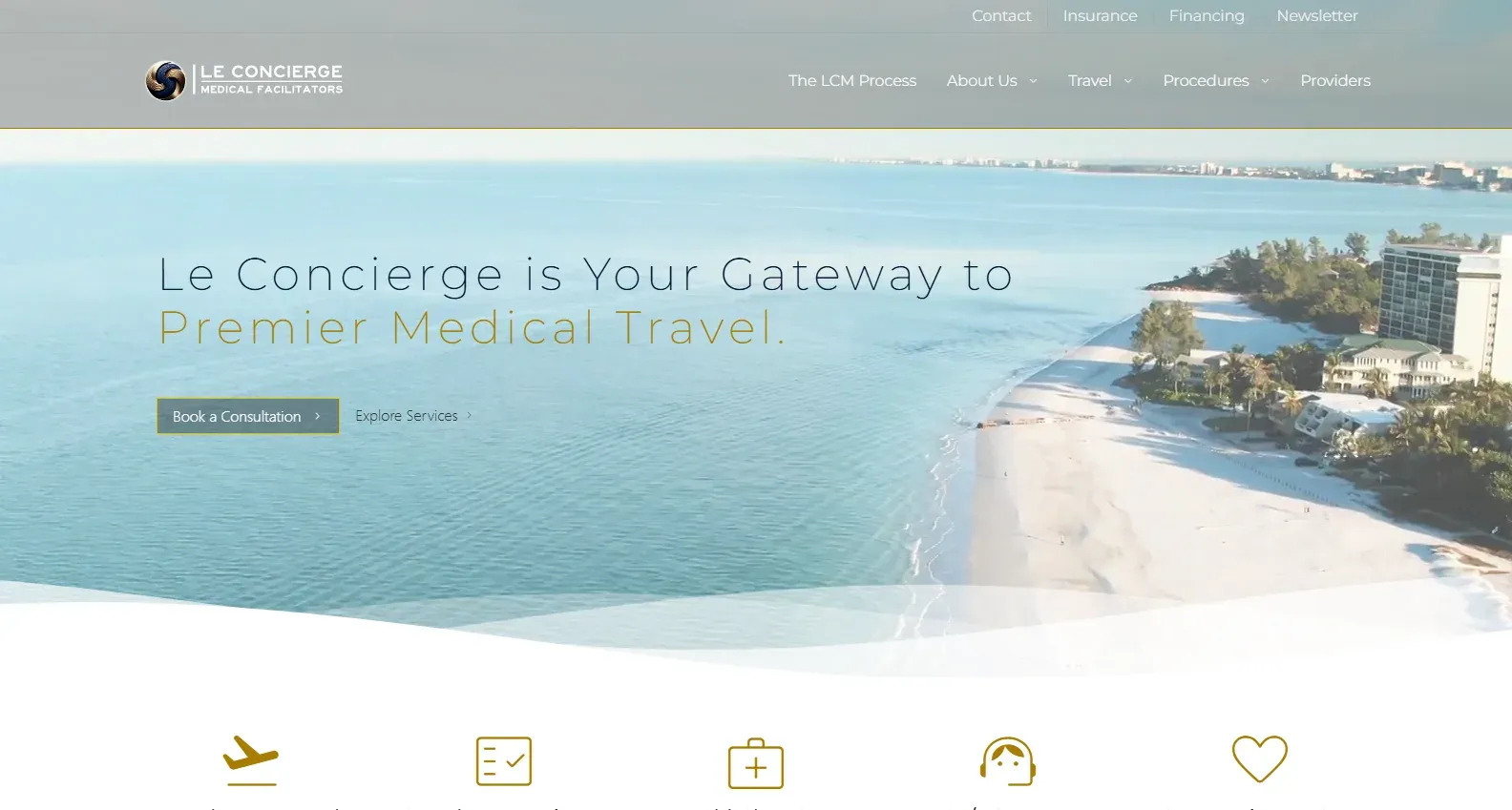 The Le Concierge Medical homepage: an aerial video of a turquoise bay behind the headline "Le Concierge is Your Gateway to Premier Medical Travel."