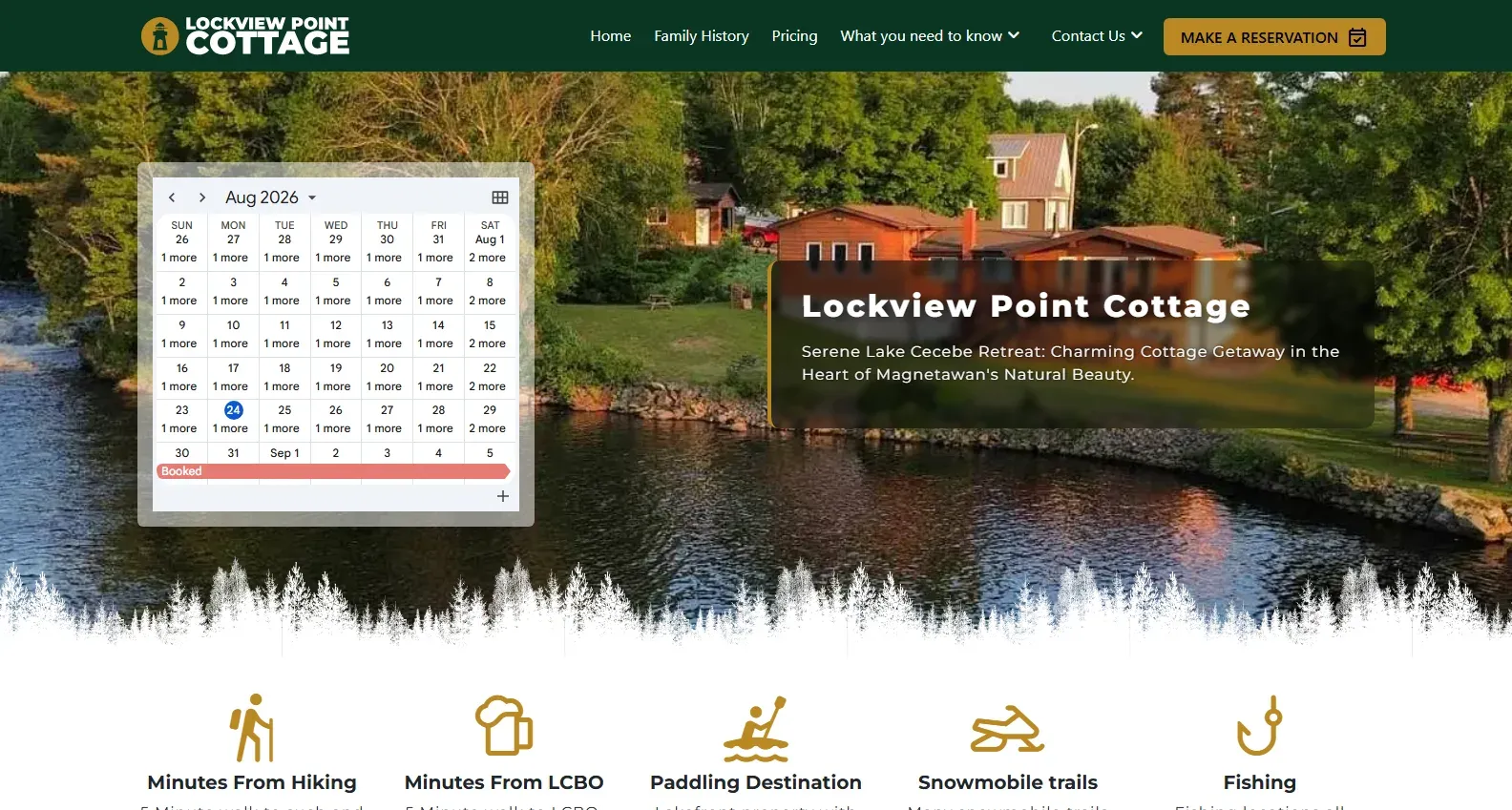 The Lockview Point Cottage homepage: the cottage on the waterfront at golden hour, with a booking calendar and an icon row of nearby activities.