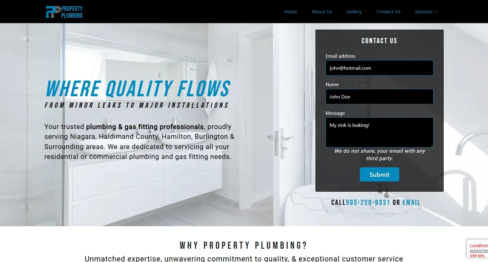 The Property Plumbing homepage: a bathroom photo behind the headline "Where Quality Flows", with a contact form sitting in the hero.